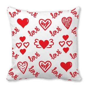 Funda de cojín cuadrada blanca con corazones rojos y texto Love para San Valentín