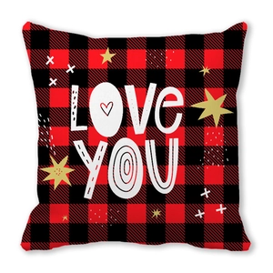 Buffalo plaid pillow cover with heart motif and love you print on white background