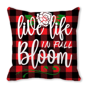 Plaid peach skin pillowcase featuring floral design and 'live life IN FULL Bloom' quote