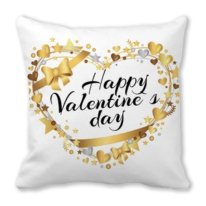 Housse de coussin peau de pêche avec motifs de cœurs dorés et Happy Valentine's Day
