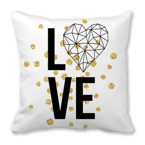 Housse de coussin blanche LOVE avec pois dorés scintillants et motif de cœur