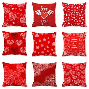 Valentine's Day Decorative Cushion Cover Square Peach Skin Heart Print Romantic Sofa Pillowcase Home Decor