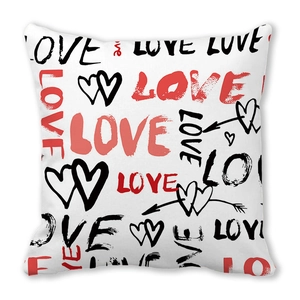 Square peach skin pillowcase with hand-drawn LOVE letters and heart pattern on white background