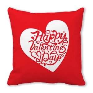 Square red Valentine's Day pillowcase with a large white heart and festive lettering
