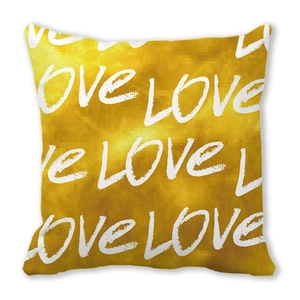 Yellow peach skin pillowcase with repeating LOVE lettering on a white background