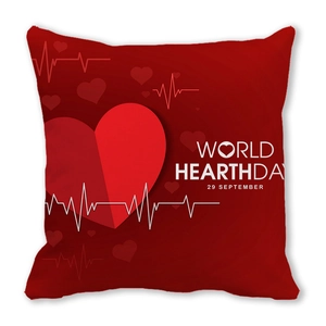 Red peach skin square pillow cover with World Heart Day heart and pulse graphic