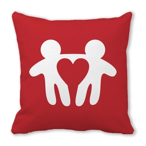 Red square Valentine's pillowcase with white abstract silhouettes forming a heart shape