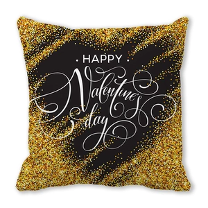 Square Valentine's Day pillowcase with black gold glitter stripes and Happy Valentine's text