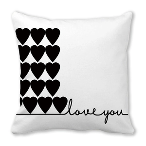 Minimalist white peach skin pillowcase with black heart pattern and love you typography