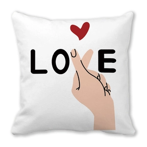 Minimalist square white peach skin pillowcase featuring LOVE letters and heart gesture