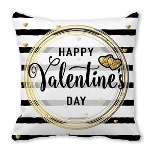 Square Happy Valentine's Day pillow cover with black white stripes and gold hearts