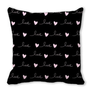 Black Valentine heart pillowcase with pink hearts and white love text patterns