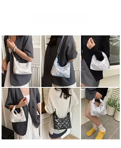 Detail shots showing four colors of geometric textured embroidery shoulder bags on a model