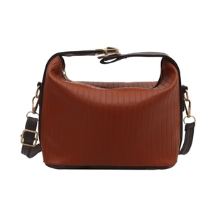 Vertical pleated texture handbag in rust brown with slim shoulder strap on white background