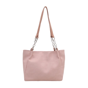 Pink faux leather tote bag with geometric stitching and silver chain strap for women