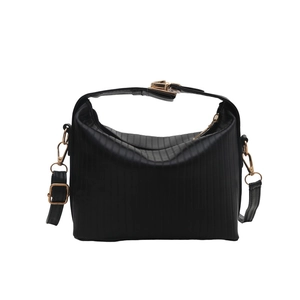 Minimalist black pleated handbag with gold hardware and stylish ruched texture finish