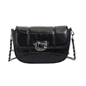 Chic black quilted half-moon shoulder bag with silver chain strap and metallic buckle