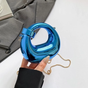 Mini crescent chain bag in metallic electric blue finish with a sleek gold strap