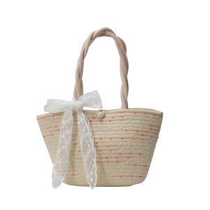 Handwoven beige hobo bag with colorful accents and a decorative white lace bow