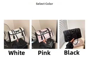 Three variants of quilted bow shoulder bags in white, pink, and black colors