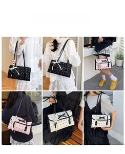 Quilted bow baguette bags in black, pink, and white shown from multiple shoulder angles
