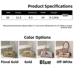 Detail showing dimensions and four colors of the satin bow shoulder bag with heart charms