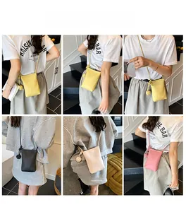 Multiple colors of mini crossbody phone bags shown on models in daily scenes