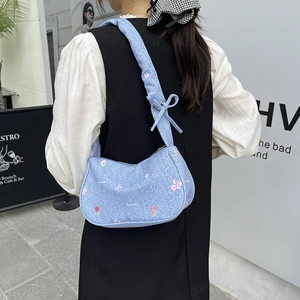 Sac bandoulière en denim à imprimé floral avec nœud décoratif pour le printemps