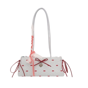 Sweet white underarm bag with red bow pattern, lace ribbon handle and heart pendant