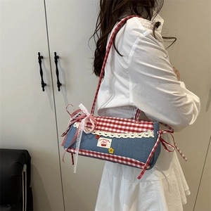 Sweet cherry denim shoulder bag with red plaid trim and delicate white lace edges