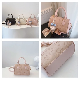 Three colors of cartoon bear Boston bags with plush charms and litchi grain leather
