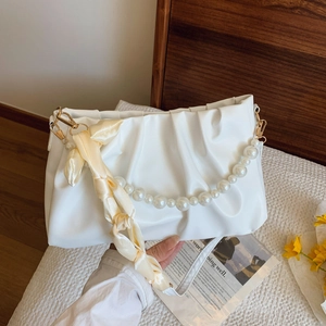 White PU Leather Shoulder Bag Gathered Pleat Cloud Underarm Purse With Artificial Pearl Chain And Satin Scarf For Women Chic