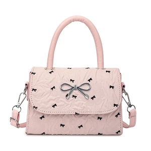 Pink bow handbag with printed patterns and silver metal buckle for women