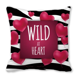 Wild at Heart zebra print square pillowcase with red heart balloons and romantic text