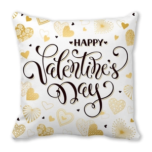 Happy Valentine's Day peach skin pillowcase with artistic gold heart patterns on white fabric
