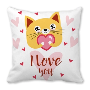 Weiße quadratische Kissenhülle mit süßer Cartoon-Katze, Herz und I Love You Aufschrift