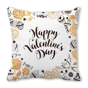 Square peach skin pillowcase with Happy Valentine's Day gold floral and heart patterns