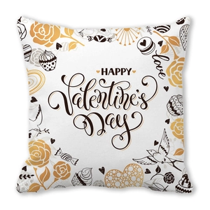 Valentine's Day pillowcase with gold roses, hearts, and Happy Valentine's Day art text