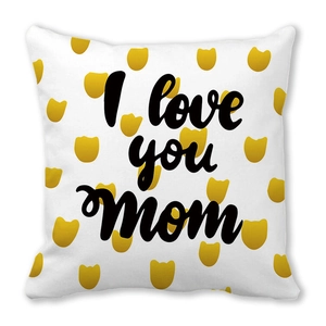 White peach skin pillowcase with I love you mom text and yellow tulip patterns