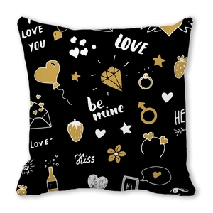 Valentine's Day black pillowcase with gold hand-drawn love icons and romantic text