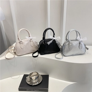 Women Minimalist PU Leather Boston Handbag With Lace Bow Embossed Cartoon Pattern Small Crossbody Shoulder Bag For Daily Styling
