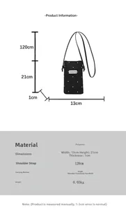 Detailed dimension chart showing a black polyester phone bag with 120cm strap and measurements