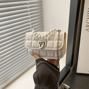 Mini Crossbody Bag Quilted Diamond PU Leather Artificial Pearl Handle Elegant Small Square Handbag With Metal Chain Strap For Women
