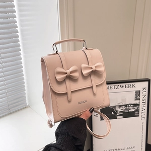 Women Mini PU Leather Backpack Fashion Double Bow Shoulder Bag With Artificial Pearl Pendant Korean Style Casual Handbag For Lady