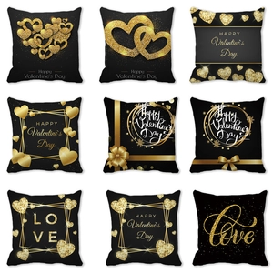 Valentine's Day Heart Pillowcase Black Gold Peach Skin Cushion Cover Happy Valentine's Day Letter Print Throw Pillow Cover For Sofa Home Decor
