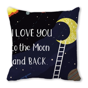 Navy blue space themed square pillow case with I Love You to the Moon and Back print