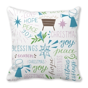 White peach skin pillow case with Christmas angel and religious motifs for home decor