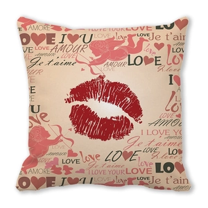 Valentine's Day pillowcase featuring red lips, Cupid motifs and multilingual love quotes