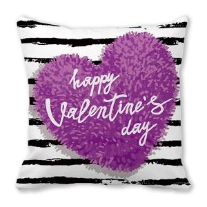 Funda de cojín de San Valentín con corazón violeta y rayas blancas negras