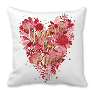 Pink heart floral pillowcase featuring You're the One text on white peach skin fabric